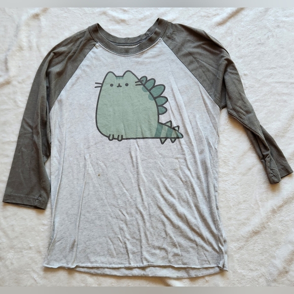 Pusheen Tops - Pusheen Gray and Green Long Sleeve Tee with Playful Dino Graphic